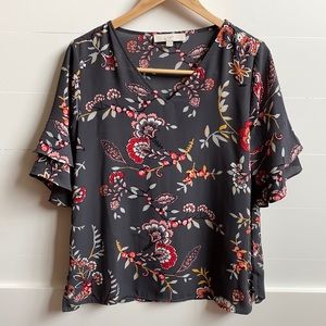 Loft Print V Neck Top Ruffle Sleeve Sz S